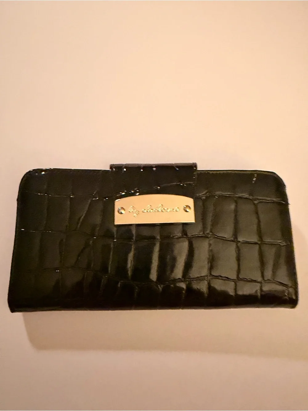 Liz Claiborne Black Croc-Embossed Wallet with Gold Plaque Accent